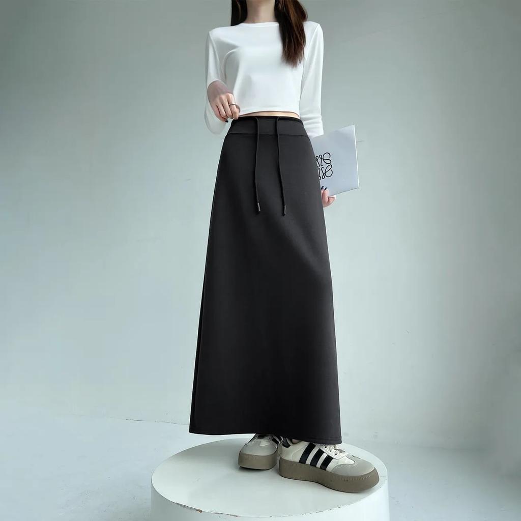 Rock mit geradem Schlitz Hohe Taille Neuer Stil Elastisch Schlank Herbst Kordelzug Lässiger Langer Rock