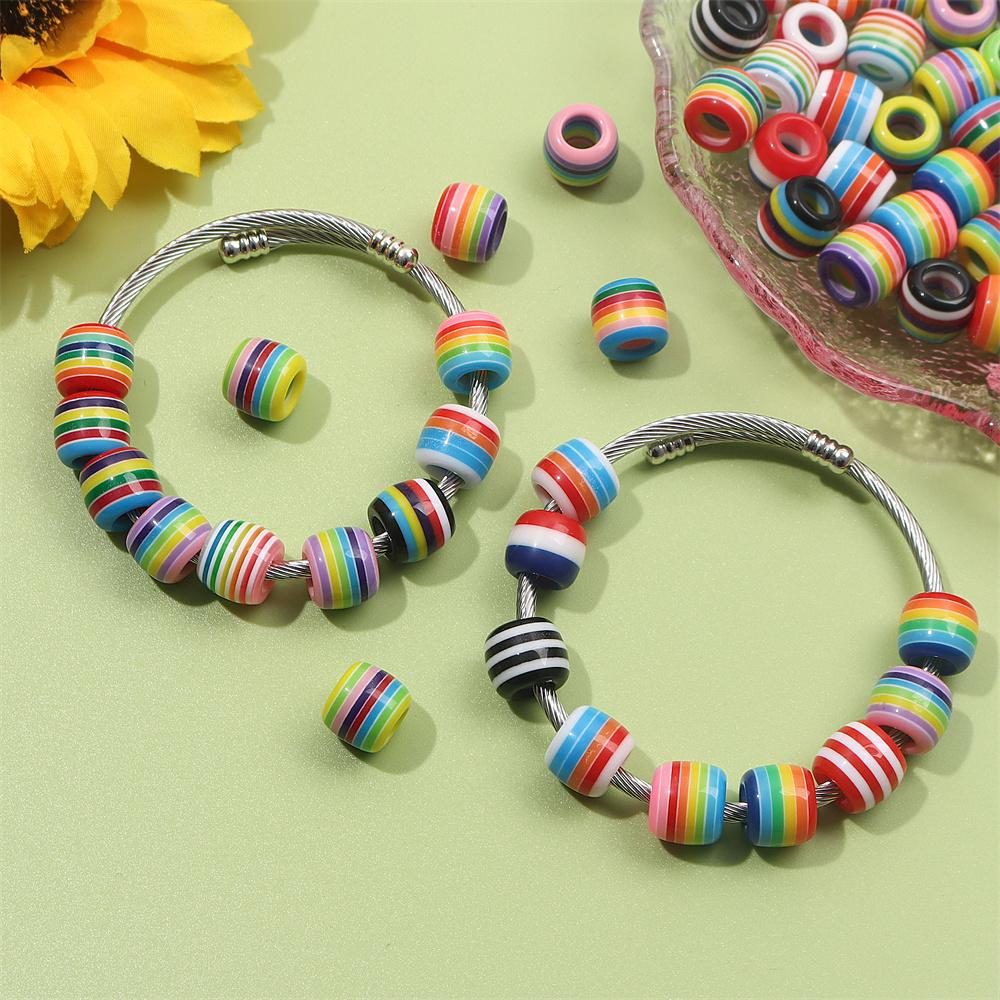 30/50/100pcs Rainbow striped European style large hole bead bucket drum resin sliding loose circular spacer beads, DIY snake chain bracelet