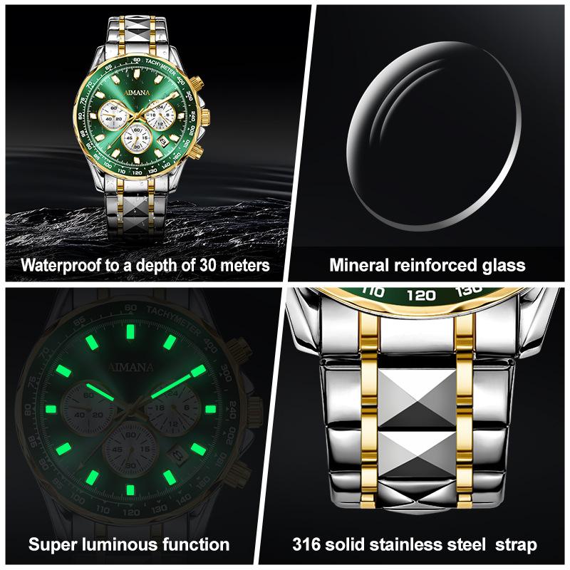 Men's Chronograph Quartz Watch Calendar Waterproof Luminous Stainless Steel Strap Luxury Wrist Watch for Men