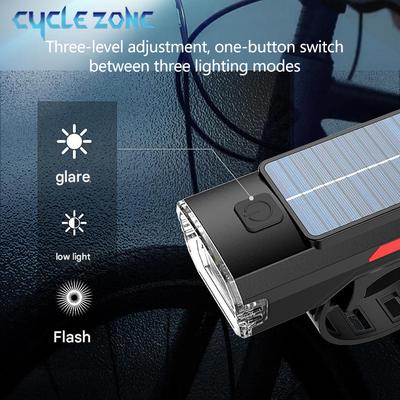 Solar Bicycle Light Bike Front Lamp TYPE-C Rechargeable Cycling Flashlight 3 Lighting Modes Bicycle Headlight for Night Riding