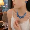 Zircon Blue Temperament Necklace and Earrings Set - European & American Style with Small Flower Design