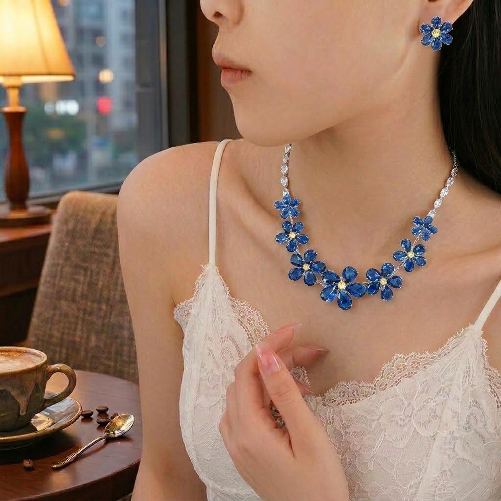 Zircon Blue Temperament Necklace and Earrings Set - European & American Style with Small Flower Design