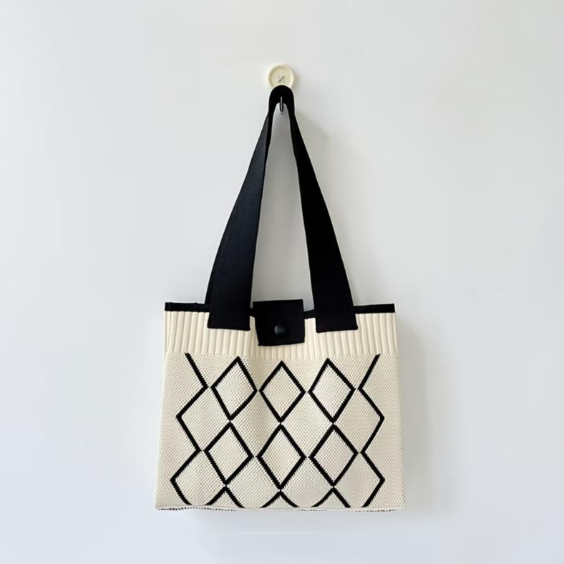 

Women s Geometric Tote Bag - Foldable Shoulder Bag with Snap Closure, Black & White Pattern, Fixed Strap, Mixed Colors, Hand Wash/Dry Clean білий
