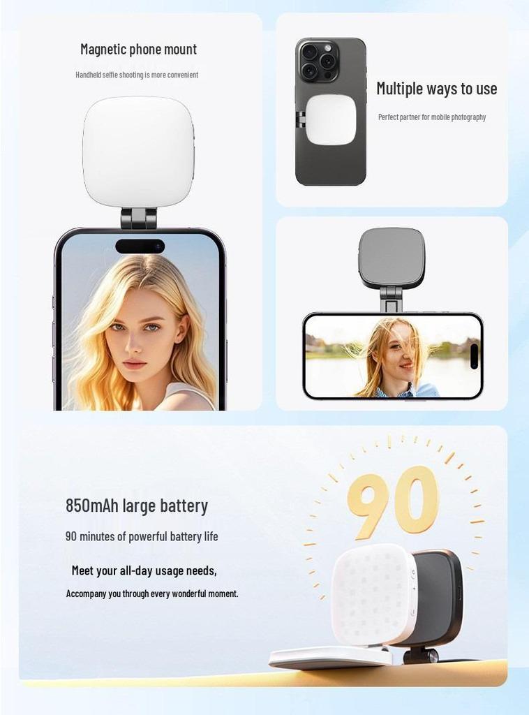 Magnetic Phone Holder with Makeup Mirror and Selfie Fill Light