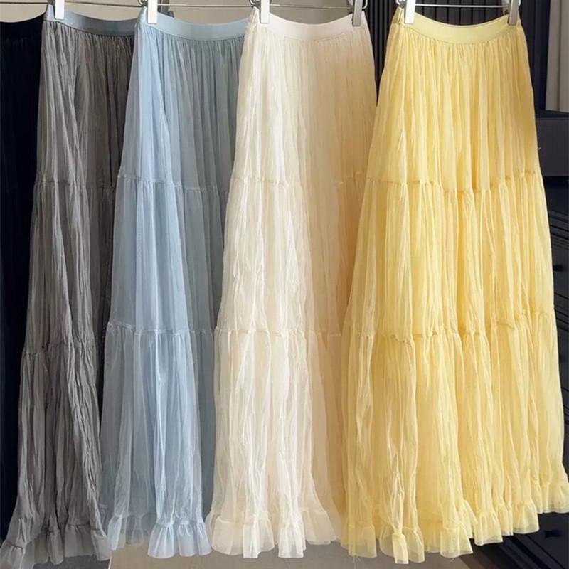 Spring 2026 Women's High-Waisted Ruffled Mesh A-Line Maxi Skirt - Gentle & Slimming