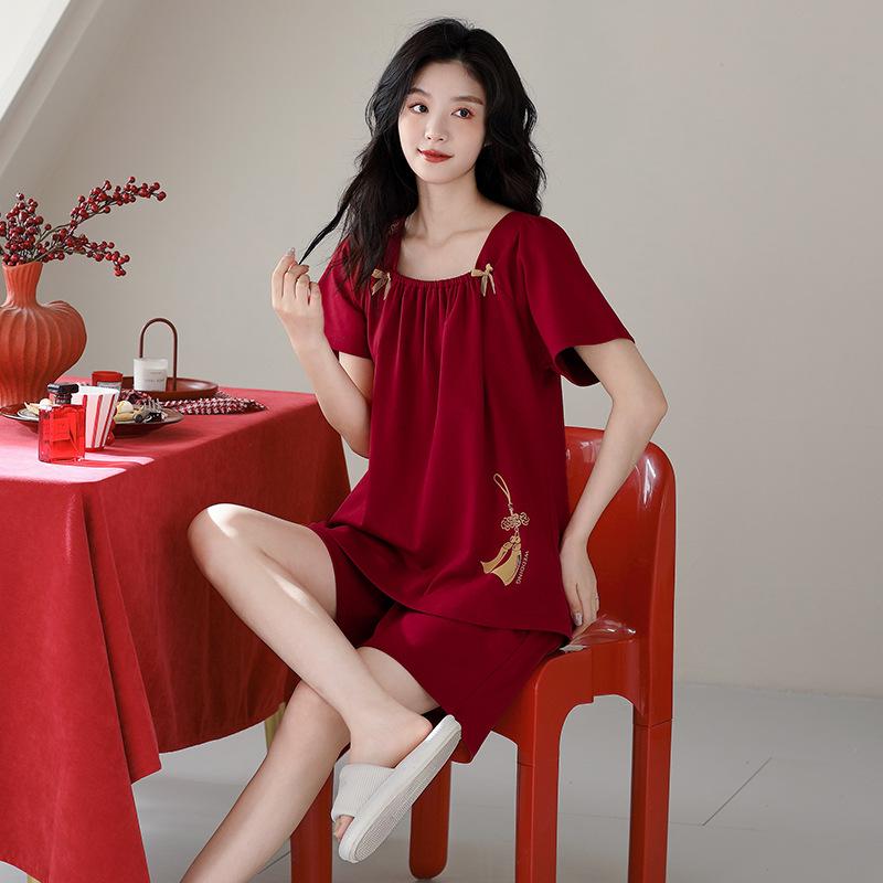 Red Pajamas Couple Summer Wedding Suit Pure Cotton Short-sleeved Men's and Women's Natal Year Cute Thin Wedding Loungewear