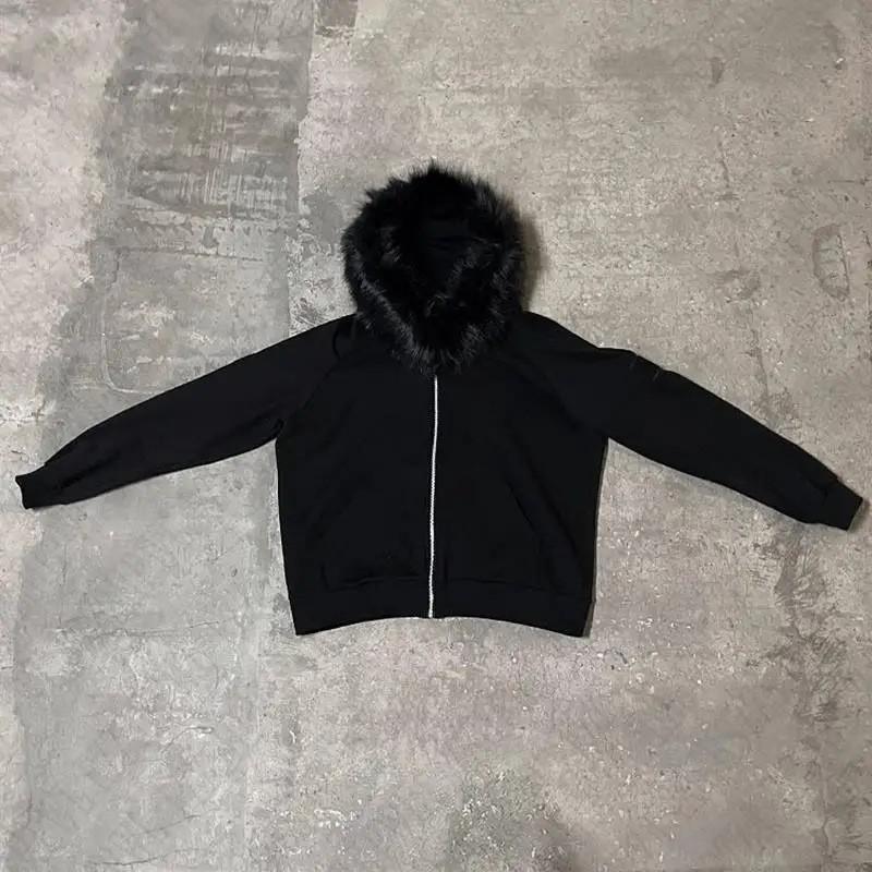 Herren Übergroßes Kapuzen-Reißverschluss-Sweatshirt Mit Aufgedrucktem Design Kunstfellbesatz Streetwear Winterjacke