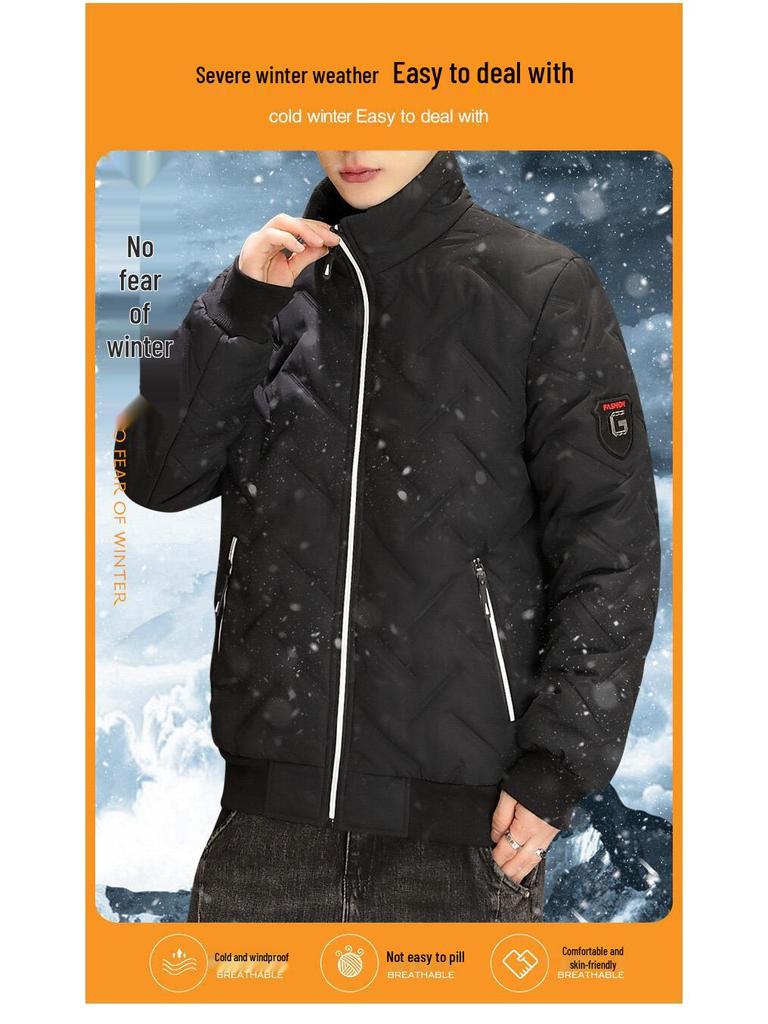 Męska Lekka Bawełniana Kurtka Puchowa jesienno-zimowa w Koreańskim Stylu z Kołnierzem Stójką