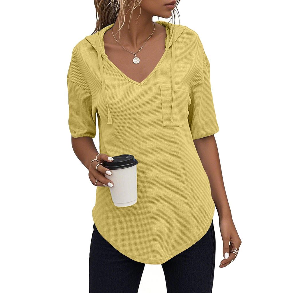 Women's Fashion Summer V-Neck T Shirt Drawstring Hooded Solid Color Short Sleeve Top