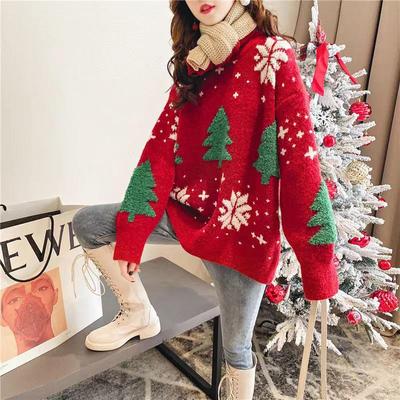 Thick Red Women's Christmas Sweater Pullover - 2024 Trendy Loose Fit for Autumn/Winter