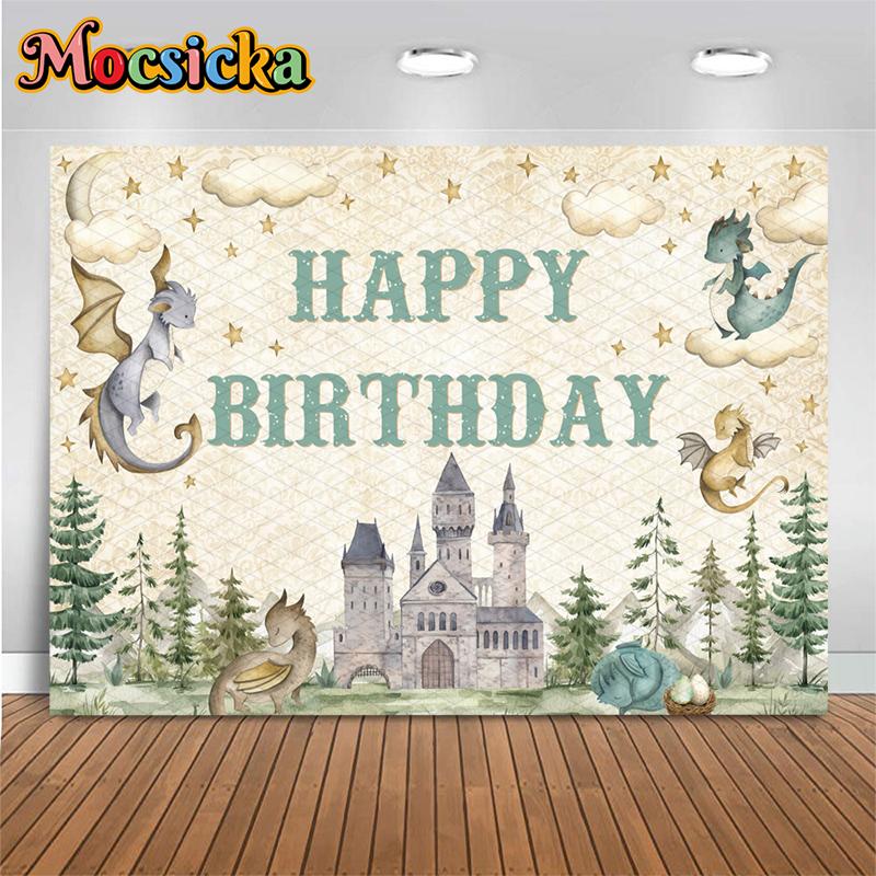 Mocsicka Happy Birthday Photography Backdrop Baby Dragon Moon Star Cloud Magic Medieval Castle Toddler Boys Portrait Backgrounds