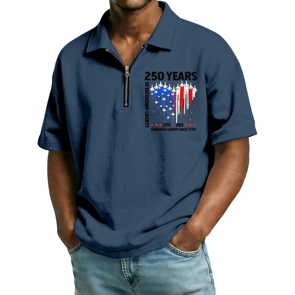 Men’s Short Sleeve Zipper Polo Shirt 250 Years Printed Lapel Collar Top Casual Lightweight Comfortable Fit Tee