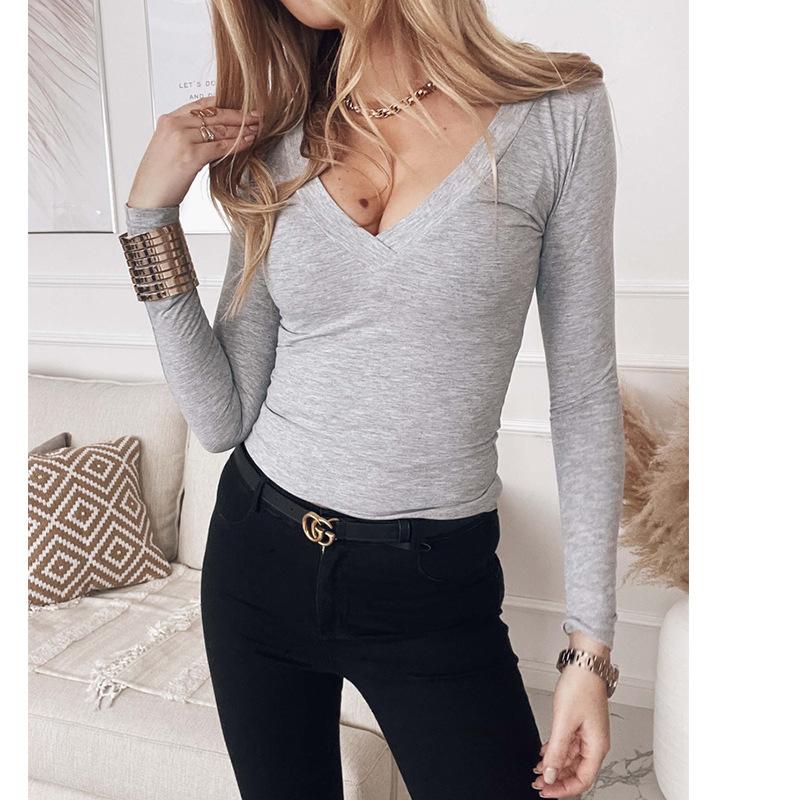 Tricou cu mânecă lungă și guler în V pentru femei, culoare solidă, toamnă