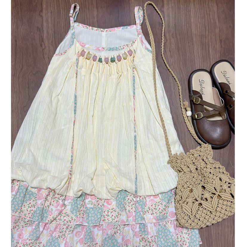 Island Style Tulip Dress with Pink and Green Floral Patchwork, Ruched Straps, Loose Fit - Women's 2025 Model