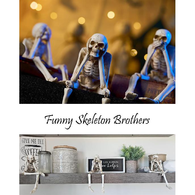 Halloween Decorations Indoor Skeleton Statues See Speak Hear No Evil Figurines for Mantel Table - Realistic Resin Skull Spooky Gothic Home Decor Set
