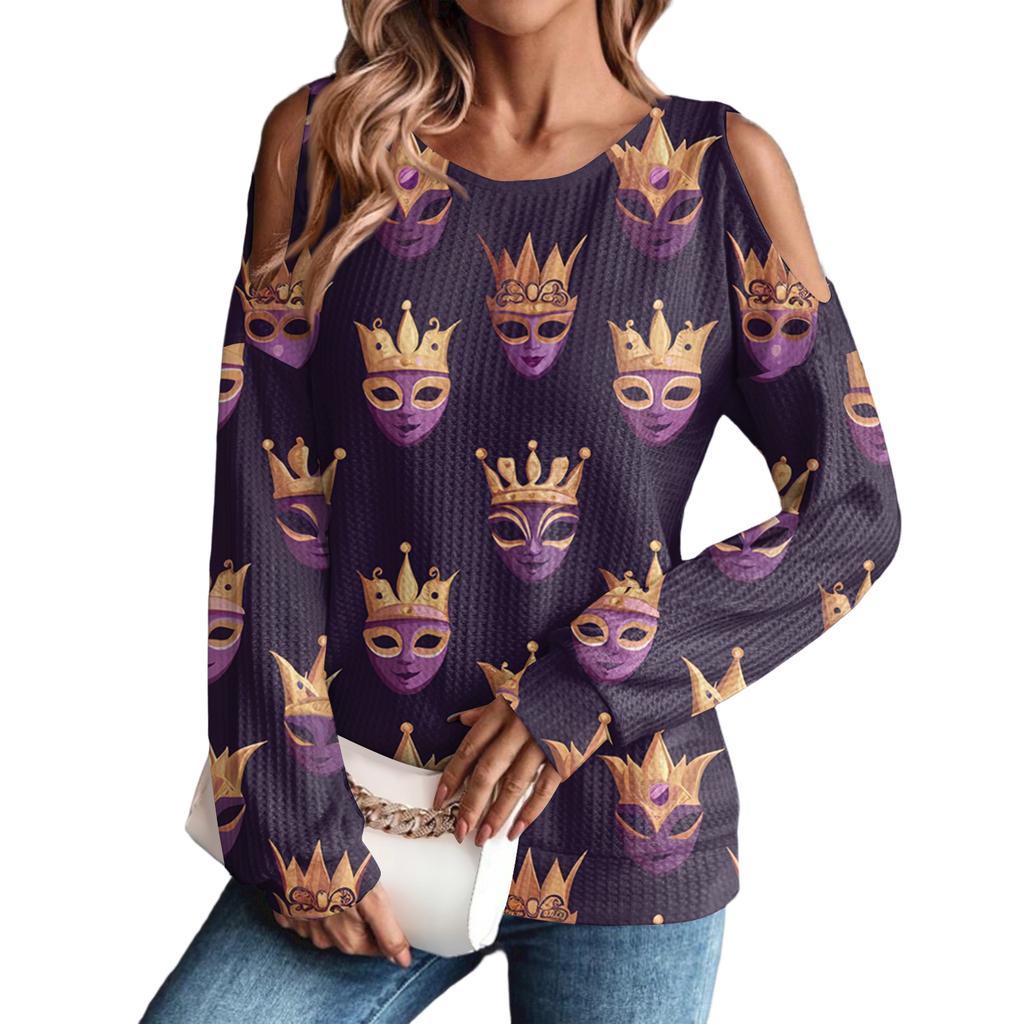 Women's Winter Oversized T-Shirt Fashionable Off-the-Shoulder Round Neck Vintage Floral Print Pullover Long-Sleeved Top