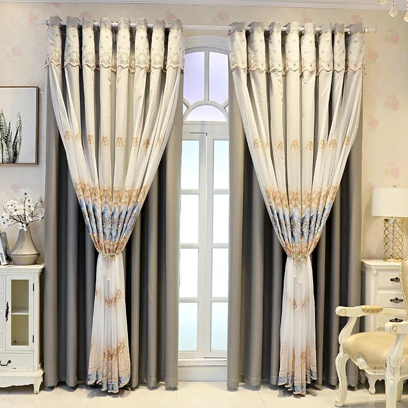 2PCS Cortinas bordadas de camada dupla de alta qualidade para quarto, cortinas blackout do chão ao teto, cortinas elegantes perfuradas para sala de estar