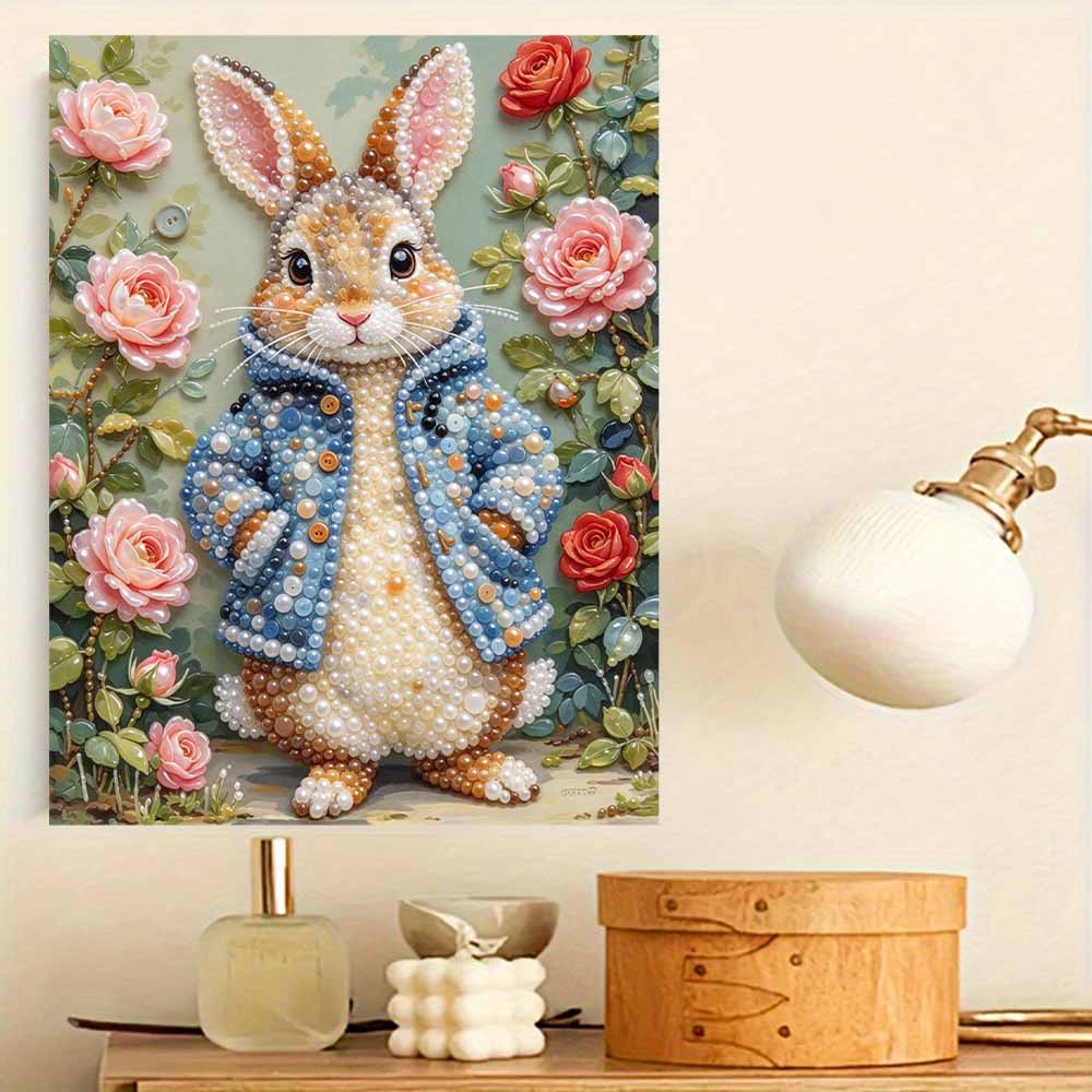 Peter Rabbit Floral Pearl Art Canvas with Frame 3D Shiny Bead Painting Modern Room Decor Relaxing Handmade Craft Gift Ideas for Home