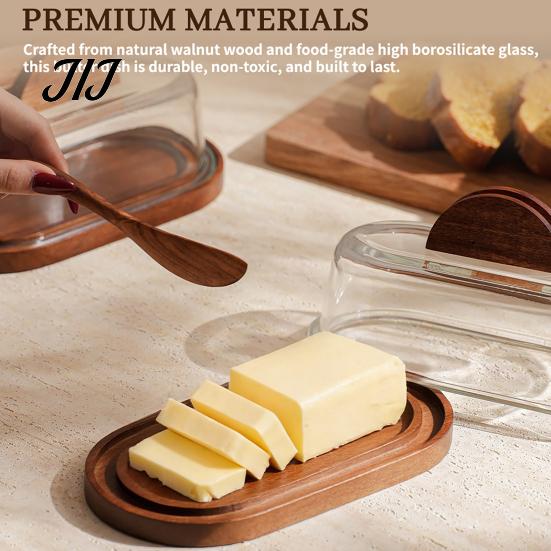 Wooden Butter Container for Refrigerator Dish with Glass Lid And Knife, Holder Kitchen Storage Box Counter Countertop & Refrigerator, Keeper