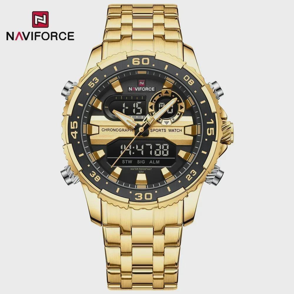 Fashion Golden Men Watch Multi-functional Quartz Wrist Watches Quartz Analog + LED Digital Movement Waterproof Steel Strap