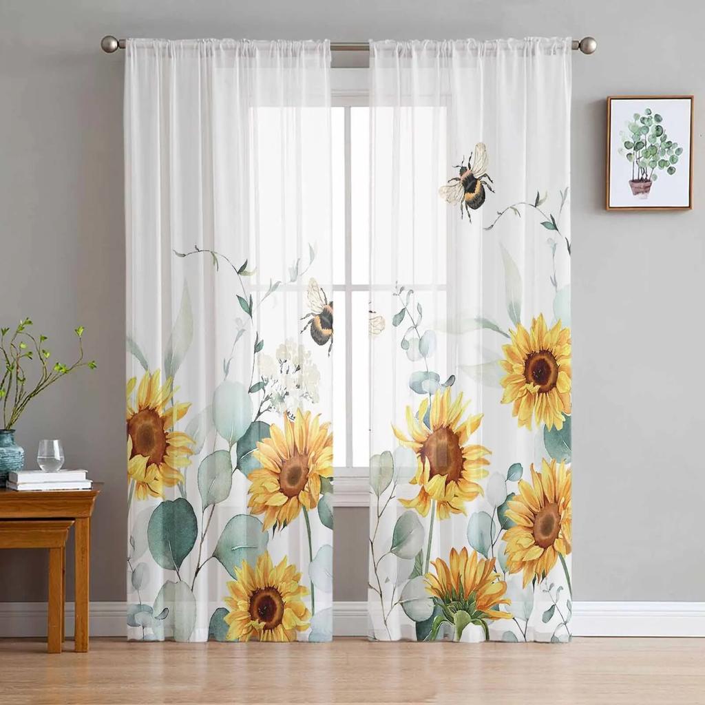 Idyllic Eucalyptus Sunflower Flower Tulle Curtains for Living Room Sheer Curtain for Bedroom Christmas Blinds Voile Curtains