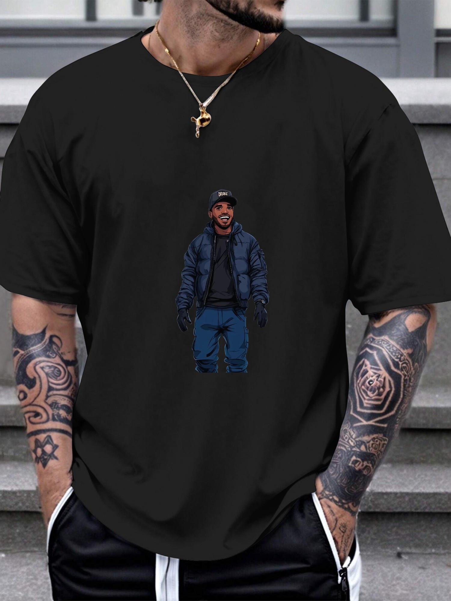 1pc Heavyweight 180gsm Cotton Crew Neck T-shirt - Urban Streetwear Tee with Hot Transfer Graphic XXL