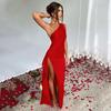 Summer New Design Temperament Sexy Slim Slant Shoulder Split Satin Dress Women