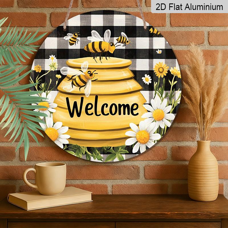 2D Flat, 1pc "Bee Welcome Plus" Monogrammed Round Metal Sign, Ideal for Home, Cafe, Restaurant, Garage, Garden Indoor and Outdoor Use, Event and