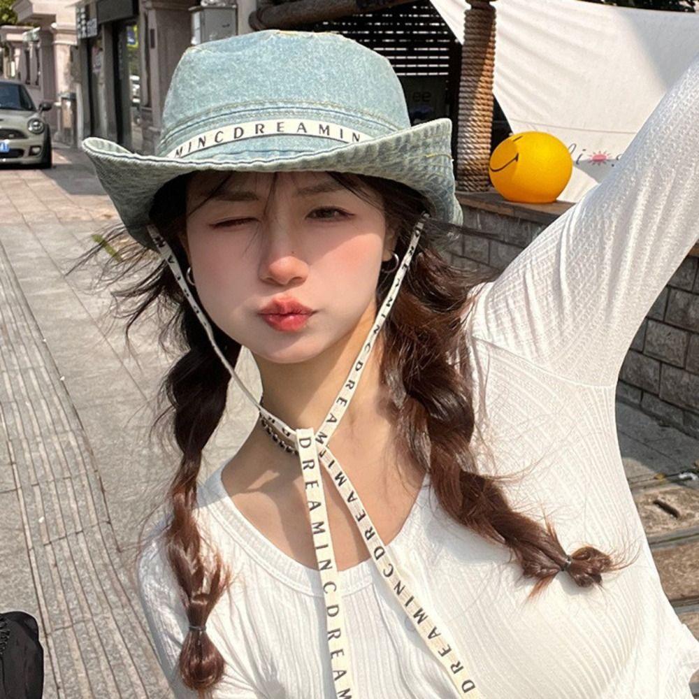 With Tie Belt Jeans Fisherman Hat Letter Sunscreen Hat Sweet Denim Bucket Hat  Travel