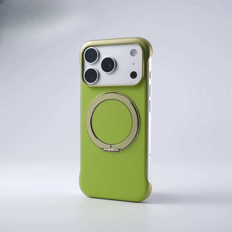 model of frameless leather grain ring holder Magnetic Case For iPhone17 Pro Max 16 15 14 Magsafe Thin Heat Hissipation Cover