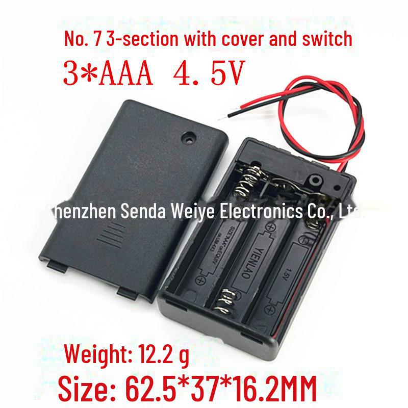 7-Slot AAA Battery Box with Cover, Switch, Side-by-Side Design, Wire & Pin