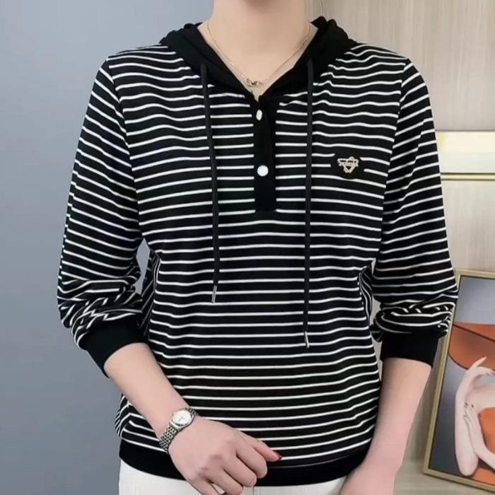 YYFS Women's Fashion Casual Spring Autumn Stripe Print Long Sleeve Hooded Blouses & Shirts