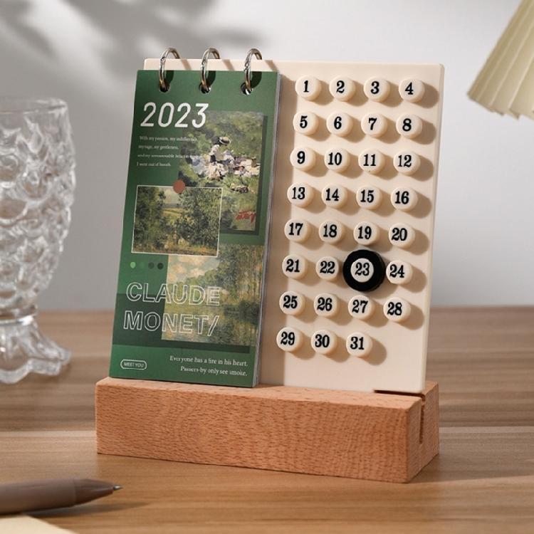 Desktop Permanent Calendar with Wood Stand ABS Permanent Countdown Calendar with 3 Rings for Office Desk Date Reminder