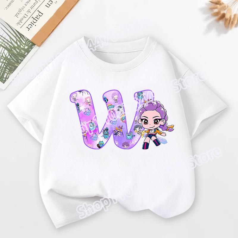 KPop Demon Hunters Child Short Sleeve T-shirt Cartoon Rumi Mira Zoey A-Z Print Cotton Tops Kawaii Summer Casual Tees Kids Gifts