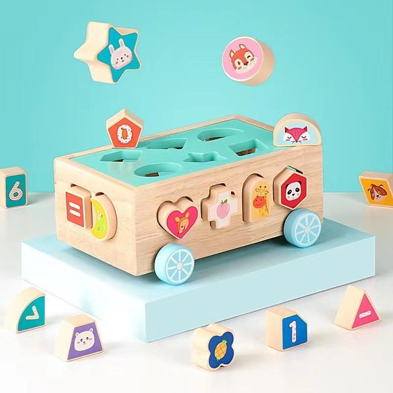

Wooden educational toy multifunctional intellectual trailer box shape porous cognitive pairing color geometric building block car