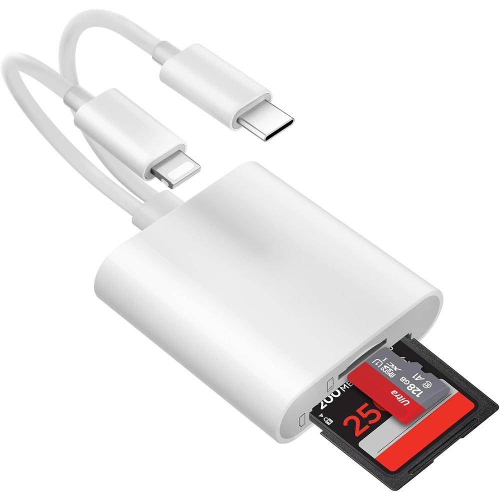 SD Card Reader 2 in 2 SD Card Adapter USB C Lightning to SD/Micro SD Dual Slot Memory Card Reader for iPhone16 15/iPad/Samsung/Camera/SDHC/SDXC