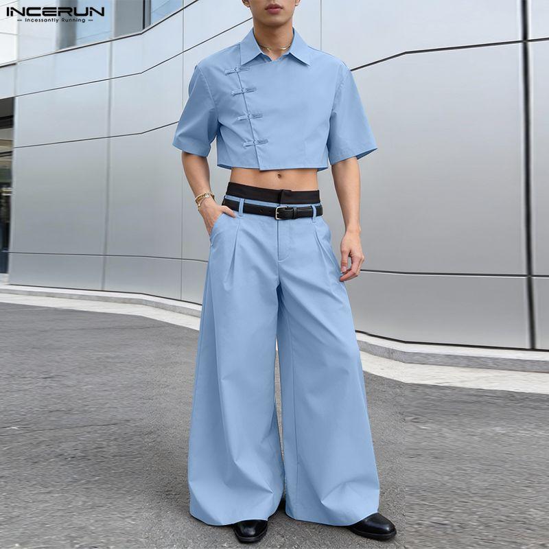 INCERUN Two Pieces Summer Men Lapel Neck Short Sleeve Cropped Tops and Pants Sets