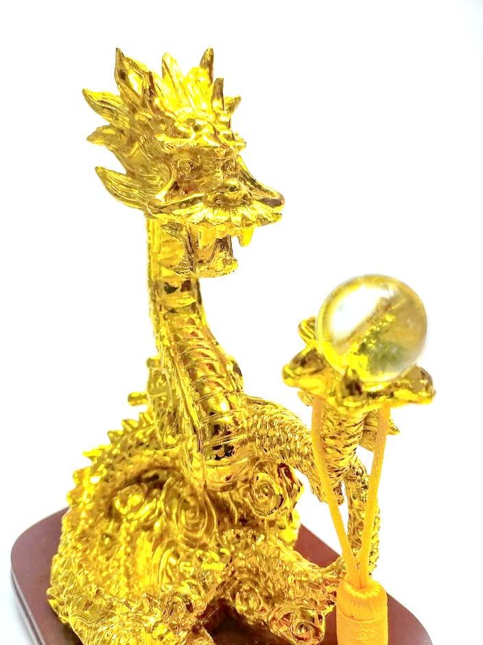 Golden Rising Dragon Figurine with Crystal Ball for Good Fortune and Strong Luck