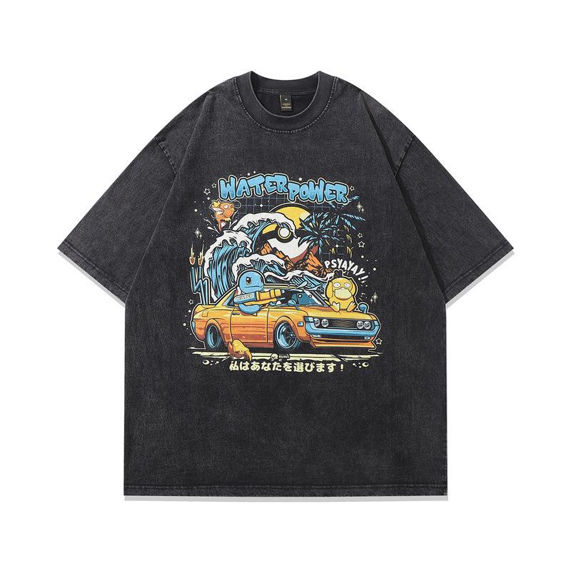 Men'S Half-Sleeved T-Shirt American Hip-Hop Retro Print Oversize Washed Short-Sleeved T-Shirt