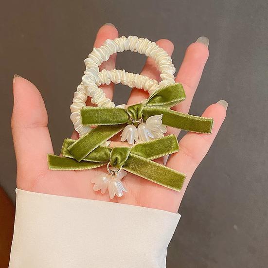 Girl Hair Tie Flower Charm Velvet Bow Decor Soft Pleated Fabric High Elastic Rubber Band Hair Rope Travel Commuting Hair Accessories