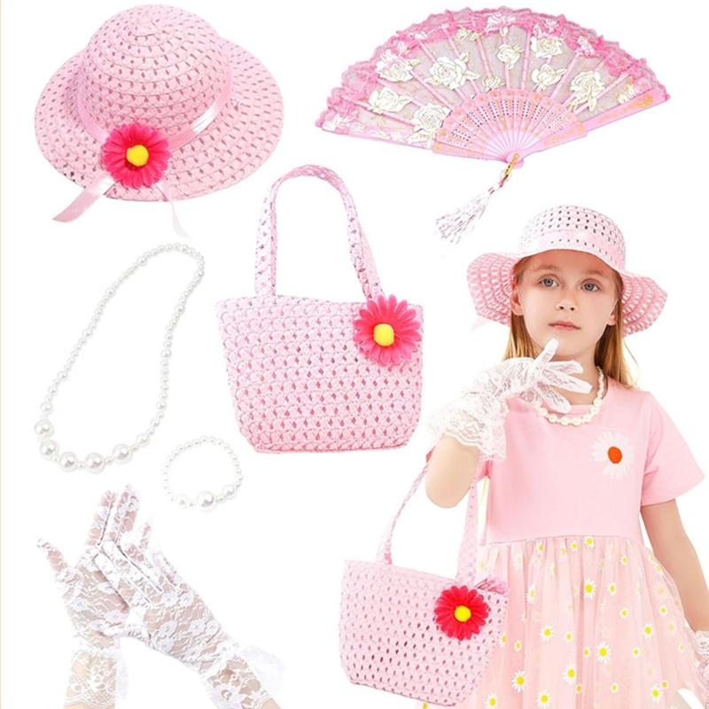 

7Pcs Strawhat Hat Women Girl Teas Party Photography Props Handbag Hat Long Lace Glove Pearl Necklace Wedding Costumes рожевий