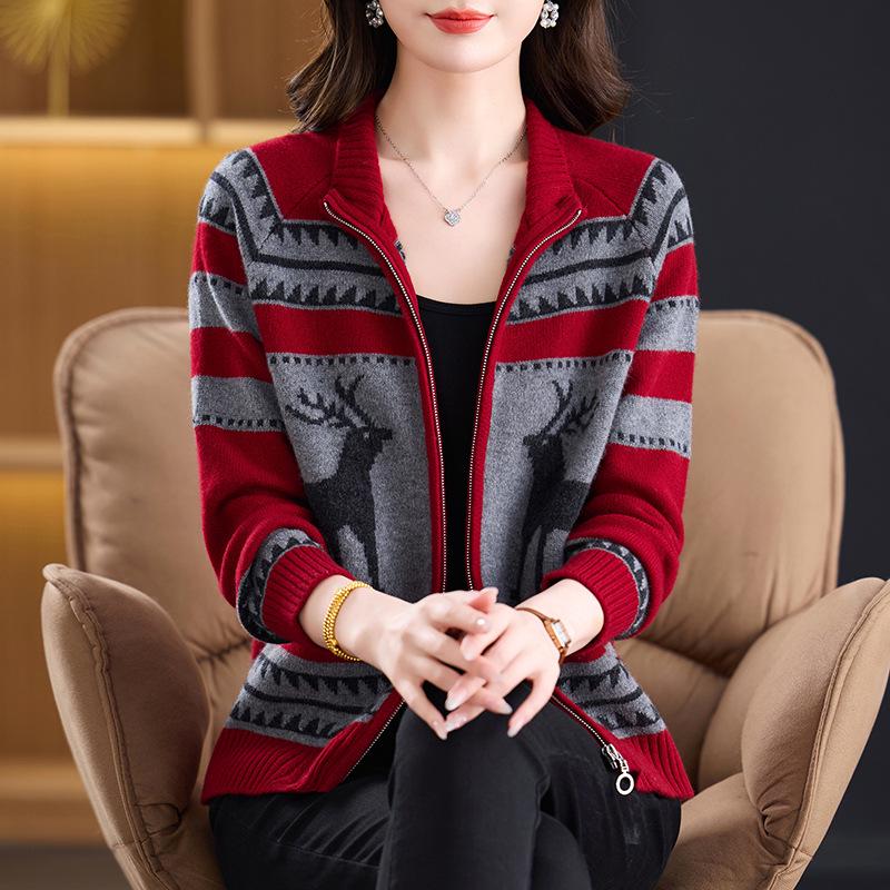 Stylish Jacquard Knit Zipper Cardigan for Women - Age-Defying Mid-High Collar Sweater Coat