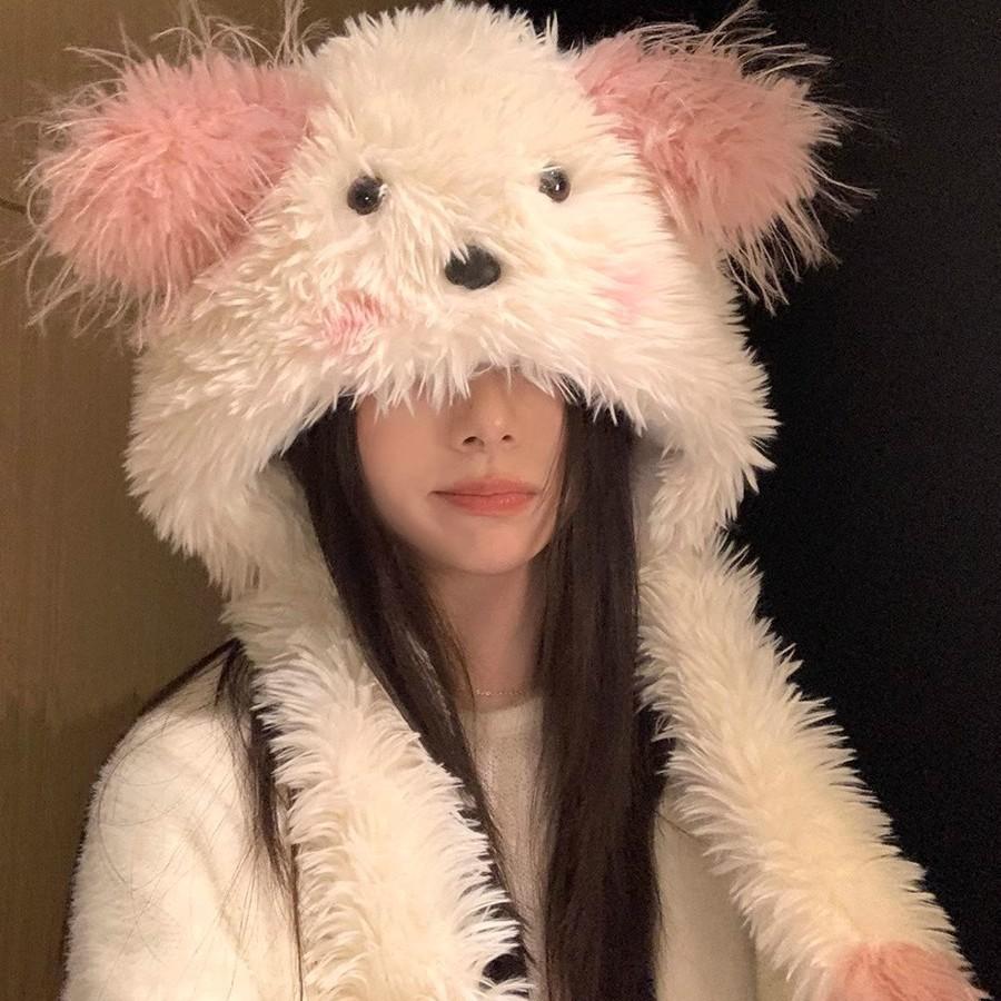 Winter New Cartoon Cute Plush Hat Female Thickened Warm Ears Will Move Puppy Big Head Circumference Plush Hat