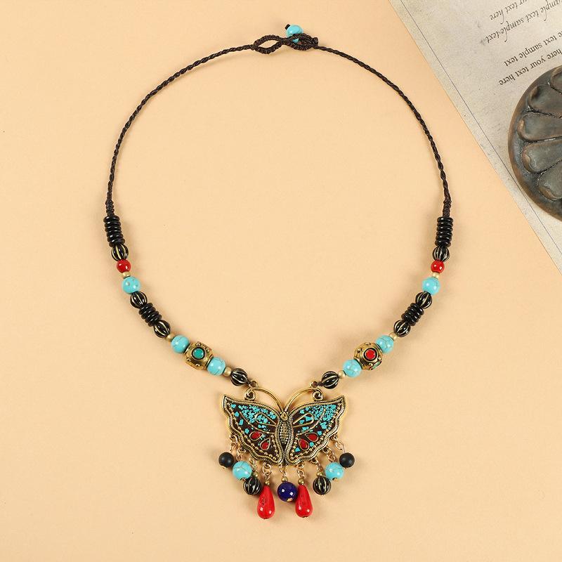 Original Design Nepalese Butterfly Necklace Vintage Clavicle Chain Exotic Style Tassel Frontier Tibetan Headdress