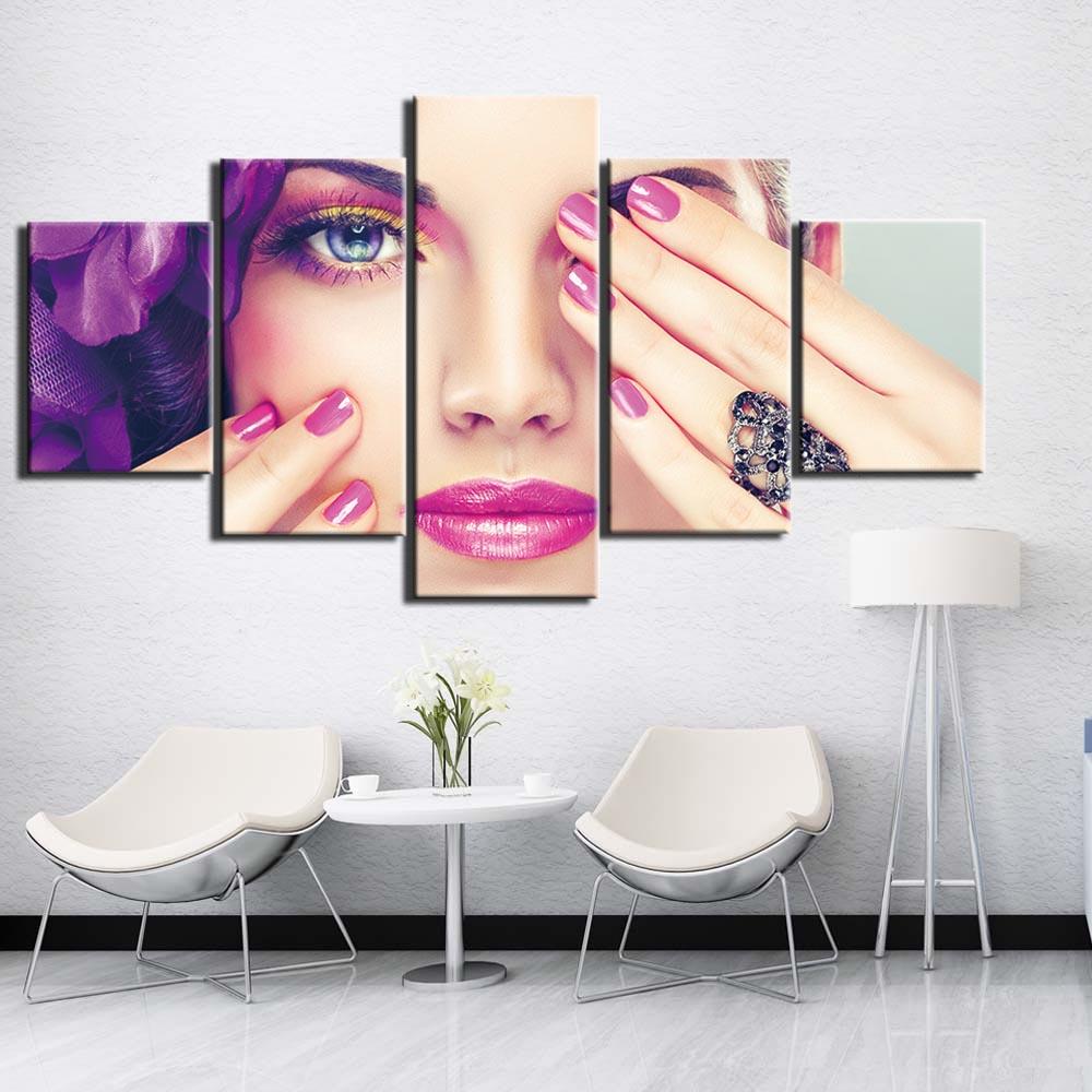 5 Pieces Modular African Woman Sexy Lips Nail Salon Canvas Painting Figure Posters and Prints Wall Art Home Decor No Frame