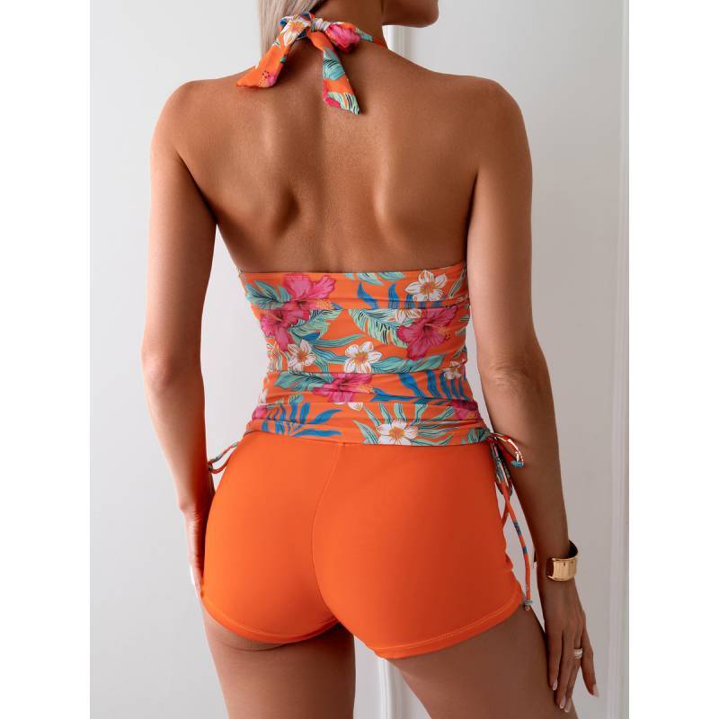 Womens Swimsuit With Floral Print Backless Bikini Top And Short Pant For Water Sports