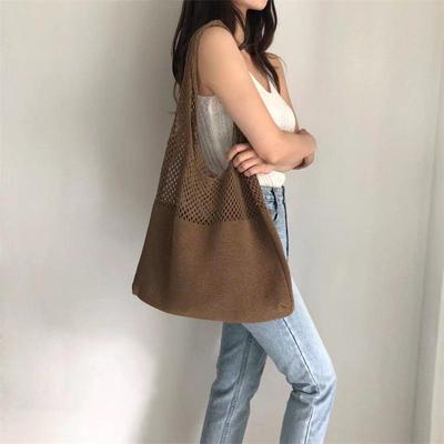 2022 Korean Knit Hollowed Shoulder Handbag - Women's Large Capacity Trendy Tote
