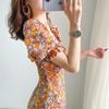 Floral dress women's summer dress new waist thin square neck bubble sleeve Platycodon French small short skirt
