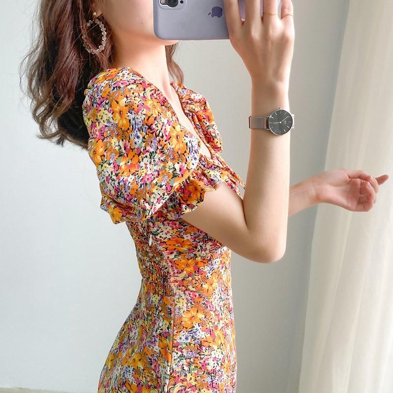 Floral dress women's summer dress new waist thin square neck bubble sleeve Platycodon French small short skirt