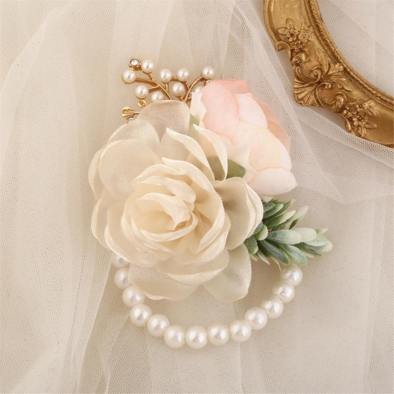 Elegante Corsage da Matrimonio Fiore da Polso Perle Per Sposa Damigella d'Onore Sposo Evento Formale Fiorato in Seta Bottoniera Accesso